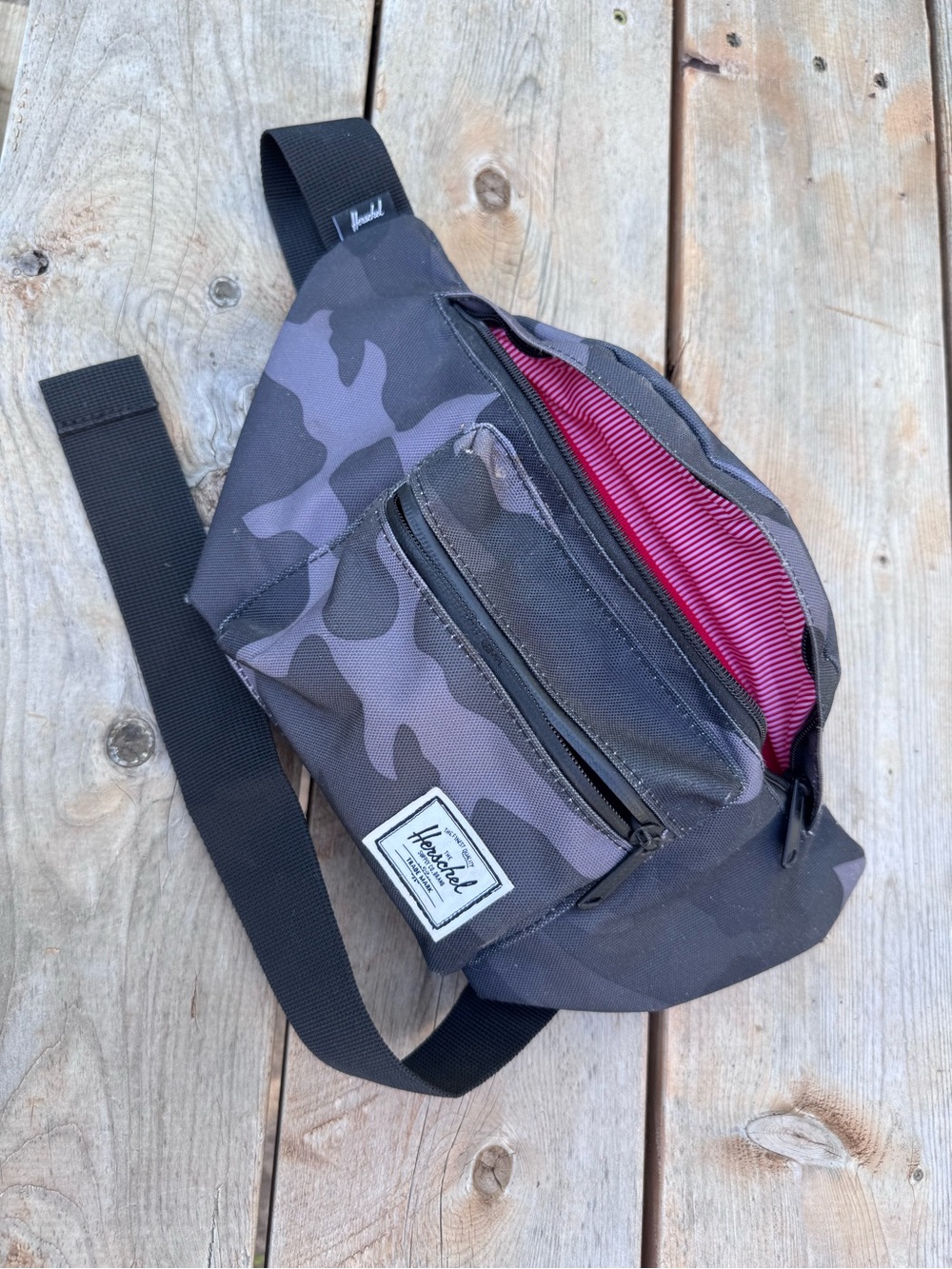 Herschel Supply Co. Black & Gray Camo Belt Bag with Red Stripe Lining